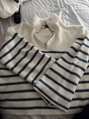 Edikted Cream and Navy Striped Half-Zip Turtleneck Sweater